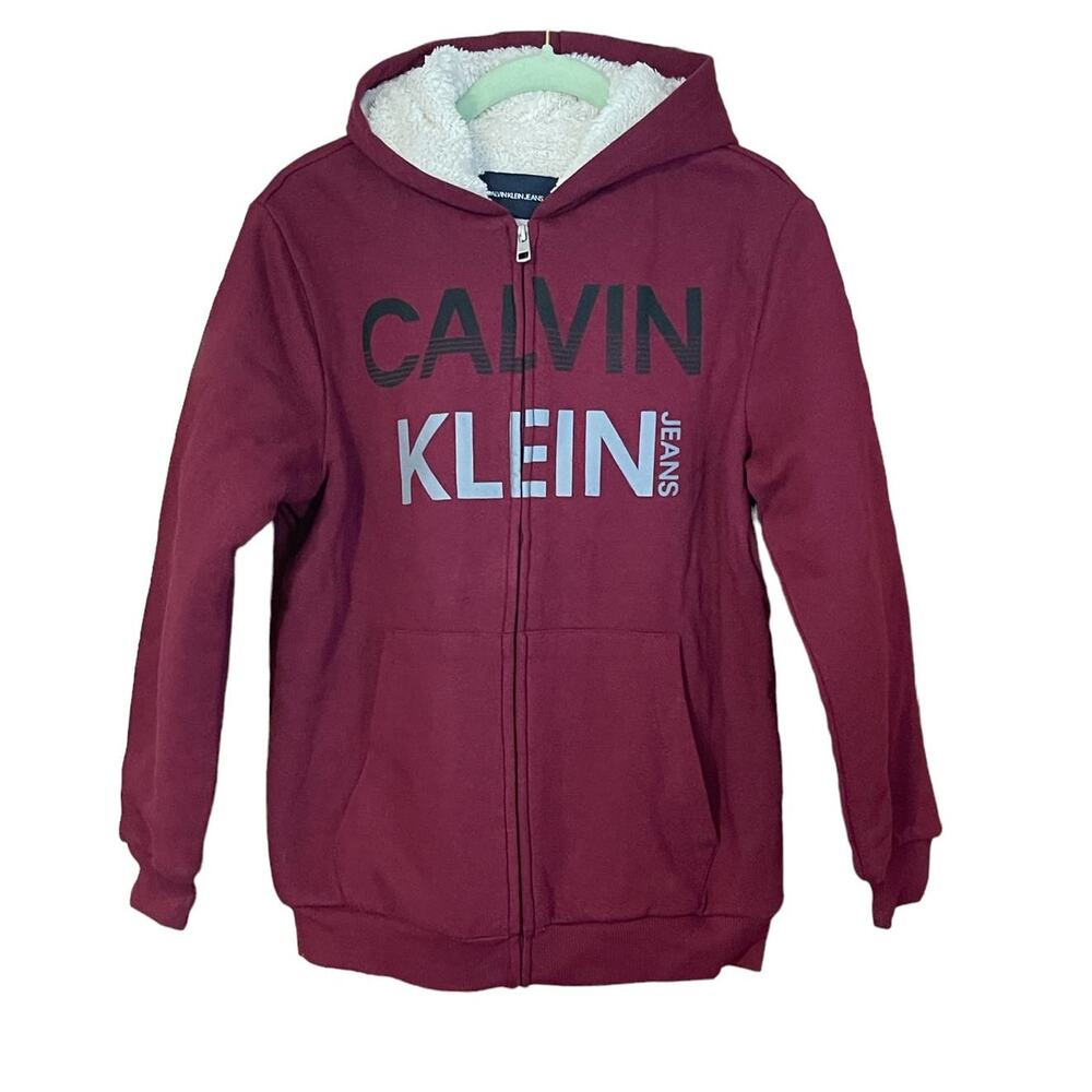 Calvin Klein Jeans Logo Kids Front Zip Hooded Sweatshirt in Burgundy L 14/16 NWT
